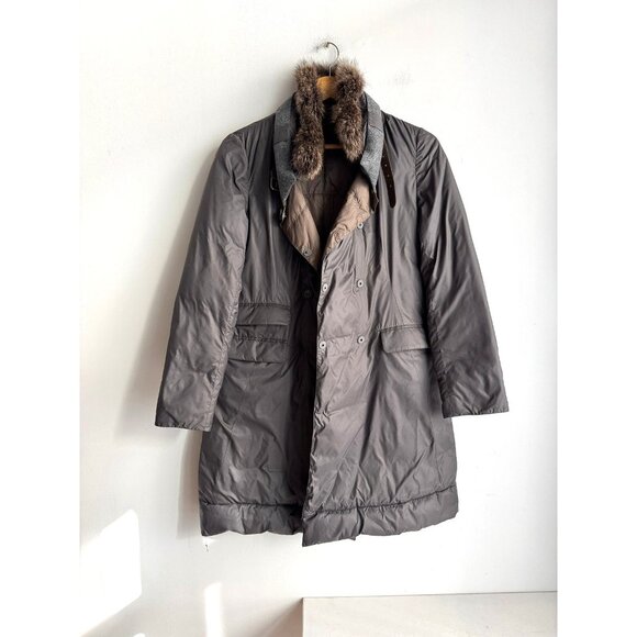 Brunello Cucinelli Dark Grey Down filled Fur Trim Puffer Jacket 42/S - Picture 1 of 9